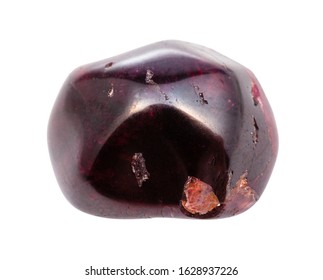 Closeup Of Sample Of Natural Mineral From Geological Collection - Tumbled Almandine Garnet Gem Stone Isolated On White Background