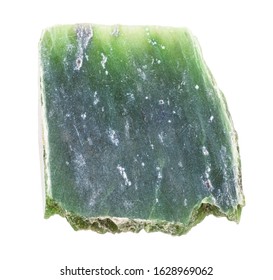 Closeup Of Sample Of Natural Mineral From Geological Collection - Polished Raw Nephrite (green Jade) Rock Isolated On White Background