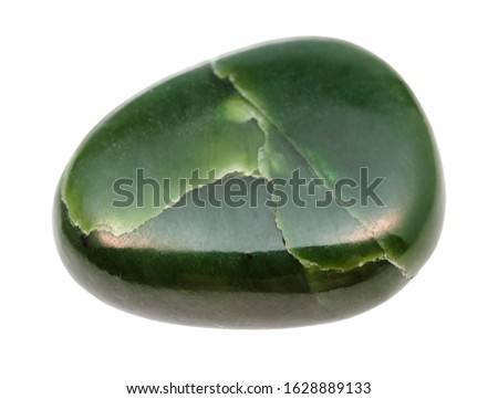 closeup of sample of natural mineral from geological collection - polished Nephrite (green jade) gem stone isolated on white background