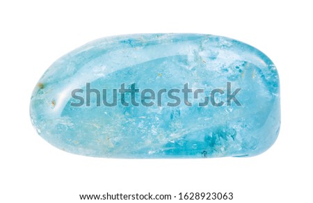 closeup of sample of natural mineral from geological collection - tumbled Aquamarine (blue Beryl) gem isolated on white background