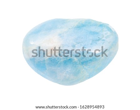 closeup of sample of natural mineral from geological collection - polished Aquamarine (blue Beryl) gem stone isolated on white background