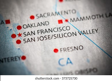 Closeup Of San Jose/Silicon Valley, California On A Map Of The U