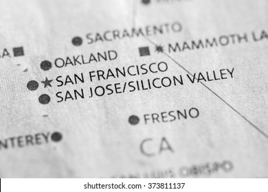 Closeup Of San Jose/Silicon Valley, California On A Map Of The U