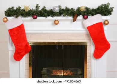 Closeup Santa Stockings On Fireplace