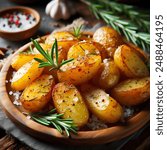 Close-Up of Savory Roasted Potatoes with Rosemary on Dark Setting