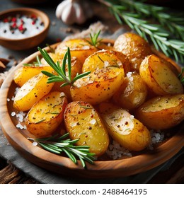 Close-Up of Savory Roasted Potatoes with Rosemary on Dark Setting - Powered by Shutterstock