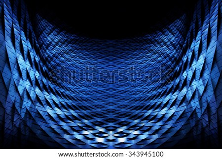 Closeup of a scaly parabolic metal grid. Abstract scientific, technological or industrial background in black and blue colors. Futuristic architecture or applied geometry background.