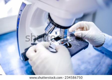 close-up of scientist hands with microscope, examining samples and liquid