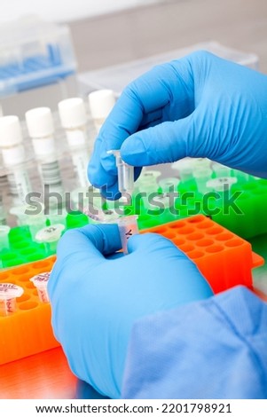 Closeup of scientist hands while extracting DNA using the spin column-based nucleic acid purification technique