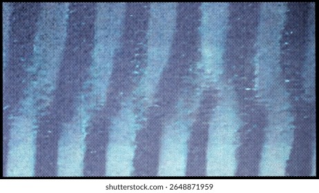 close-up of the screen texture of an old VHS video tape file, with a blue color dot background and a grainy film effect. Photo overlay via blend mode or half dot print layer.