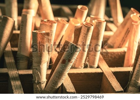 Closeup of scribe library full of magic scrolls in wooden box as mystical background