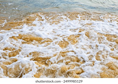 Close-up of sea foam gently covering sandy beach, capturing natural texture and movement of ocean. Selective focus, defocus - Powered by Shutterstock