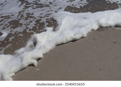 Close-Up of Sea Foam on Sandy Beach Shoreline - Powered by Shutterstock