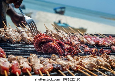 Close-up Sea Food Beach Barbeque At Nakupenda, Zanzibar In Tanzania 