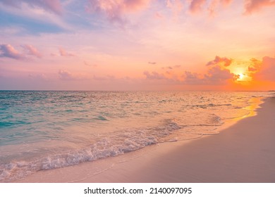Closeup sea sand beach. Beautiful beach landscape. Inspire tropical beach seascape horizon. Dreamy sunset sky calm tranquil relax sunset summer mood. Positive energy, meditation summer tropical island