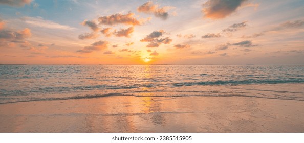 Closeup sea sand beach. Beautiful panoramic landscape. Inspire tropical seascape horizon. Peace sunset sky calm tranquil relax panorama summer mood. Positive energy, meditation summer tropical island - Powered by Shutterstock