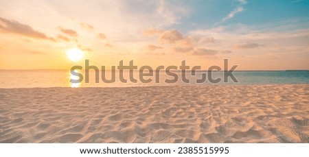 Closeup sea sand beach. Beautiful panoramic landscape. Inspire tropical seascape horizon. Peace sunset sky calm tranquil relax panorama summer mood. Positive energy, meditation summer tropical island