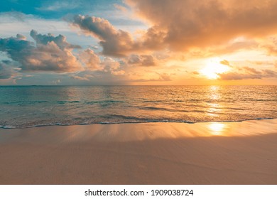 Closeup sea sand beach. Panoramic beach landscape. Inspire tropical beach seascape horizon. Orange and golden sunset sky calmness tranquil relaxing sunlight summer mood. Vacation travel holiday banner - Powered by Shutterstock