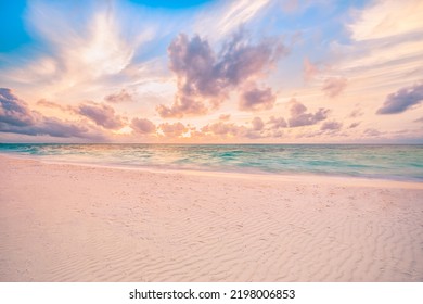 Closeup sea sand beach. Panoramic beach landscape. Inspire tropical beach seascape wave horizon. Orange and golden sunset sky calmness tranquil relaxing sunlight summer. Vacation travel holiday banner - Powered by Shutterstock