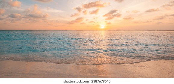 Closeup sea waves beach horizon. Panoramic beach landscape. Paradise tropical beach summer seascape. Colorful sunset sky, soft sand, calmness, tranquil relaxing sunlight. Inspire meditation vacation - Powered by Shutterstock