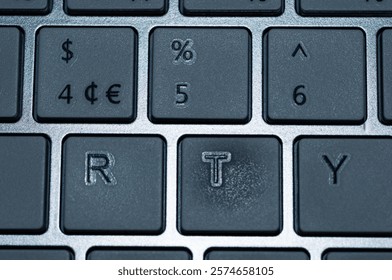 Close-up of a section of a laptop keyboard.  The image shows the keys with the dollar sign euro sign (€), percent sign (%), the numbers 4, 5, and 6, and the letters R, T, and Y.  No person is involved
