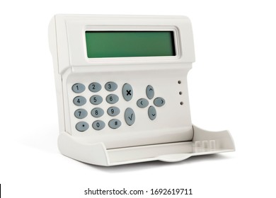 Closeup of security alarm keypad, isolated on a white background