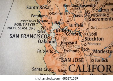 Closeup Selective Focus Of Bay Area San Francisco California On A Geographical And Political State Map Of The USA.