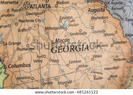 Closeup Selective Focus Of Georgia State On A Geographical And Political State Map Of The USA.