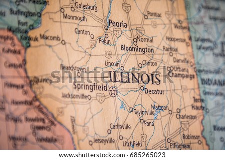 Closeup Selective Focus Of Illinois State On A Geographical And Political State Map Of The USA.