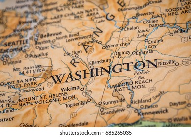 Closeup Selective Focus Of Washington State On A Geographical And Political State Map Of The USA.