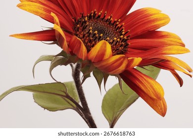 Close-up selective soft focus Orange, yellow, red small decorative Sunflower flower bud  on gray. 