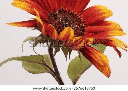 Close-up selective soft focus Orange, yellow, red small decorative Sunflower flower bud  on gray. 