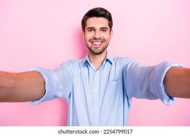 Closeup selfie photo of young attractive bleaching smile handsome entrepreneur take shot his perfect bristle beard face isolated on pink background - Shutterstock ID 2254799017