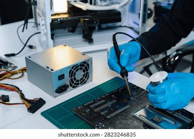 Close-up of semiconductor microchip on circuit board, motherboard processor for computer repair, hardware technology and chip manufacturing industry concept.