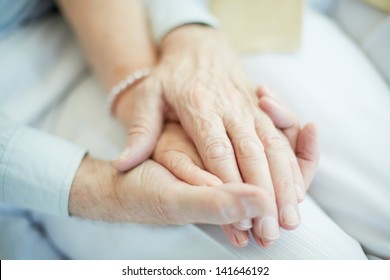 Close-up of senior male holding the hand of his wife