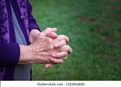 Close-up Of Senior Woman Joined Hands On Green Nature Background. Old Woman Hands Full Of Freckles And Wrinkles At The Age Of More Than 70 Years Old. Space For Text. People And Health Care Concept