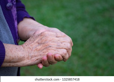 Close-up Of Senior Woman Joined Hands On Green Nature Background. Old Woman Hands Full Of Freckles And Wrinkles At The Age Of More Than 70 Years Old. People And Health Care Concept