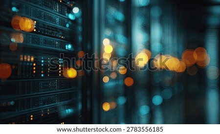 Close-up of a server rack in a data center with glowing lights and bokeh effect.
