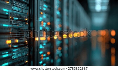 Close-up of a server rack in a data center, with glowing blue and orange lights indicating activity and data flow.