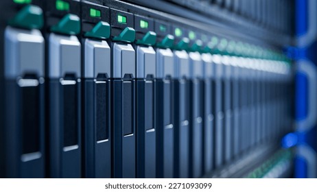 Close-up of Server Rack with SSD in Modern Datacenter. Advanced Cloud Computing and Machine Learning Concept.