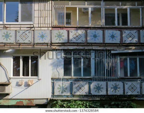 Closeup Set Balconies Decorative Tiles Wooden Royalty Free Stock