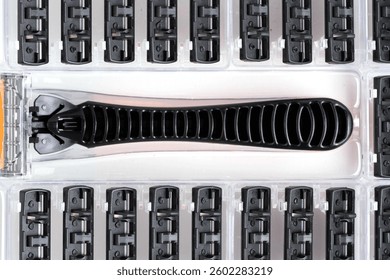 Closeup of set of razors for replaceable shaving blades