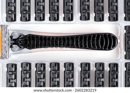 Closeup of set of razors for replaceable shaving blades