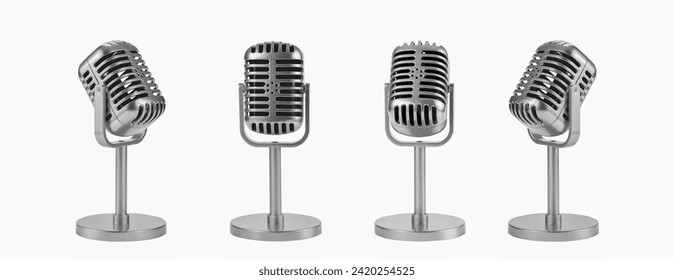 Closeup set of vintage retro style microphone silver chrome color isolated clipping path on white background. - Powered by Shutterstock