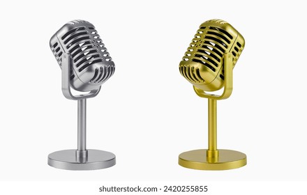 Closeup set of vintage retro style microphone golden and silver chrome color isolated clipping path on white background. - Powered by Shutterstock