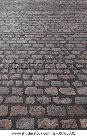 Close-up of setts pavement, which are quarried stones that are cut into a roughly rectangular or square shape, Pitkäsilta, Helsinki, Finland.