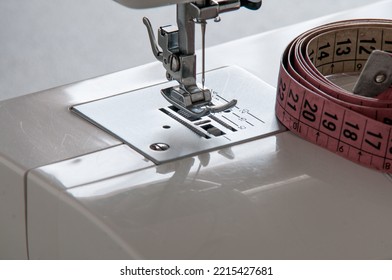 Close-up Sewing Machine With Tape Measure, Tailoring Accessories.