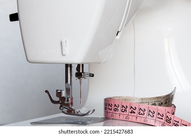 Close-up Sewing Machine With Tape Measure, Tailoring Accessories.