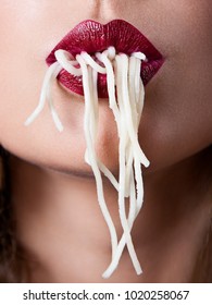Closeup Sexy Red Lips With Pasta