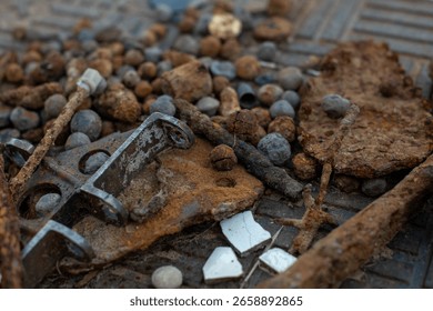 A close-up, shallow depth-of-field image of various rusty metal objects, corroded bolts, iron fragments, and weathered debris scattered on a textured surface.